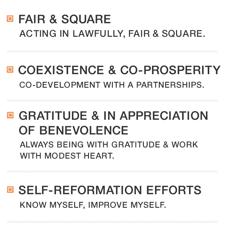 FAIR & SQUARE ACTING IN LAWFULLY, FAIR & SQUARE. COEXISTENCE & CO-PROSPERITY CO-DEVELOPMENT WITH A PARTNERSHIPS. GRATITUDE & IN APPRECIATION OF BENEVOLENCE ALWAYS BEING WITH GRATITUDE & WORK WITH MODEST HEART. SELF-REFORMATION EFFORTS KNOW MYSELF, IMPROVE MYSELF.