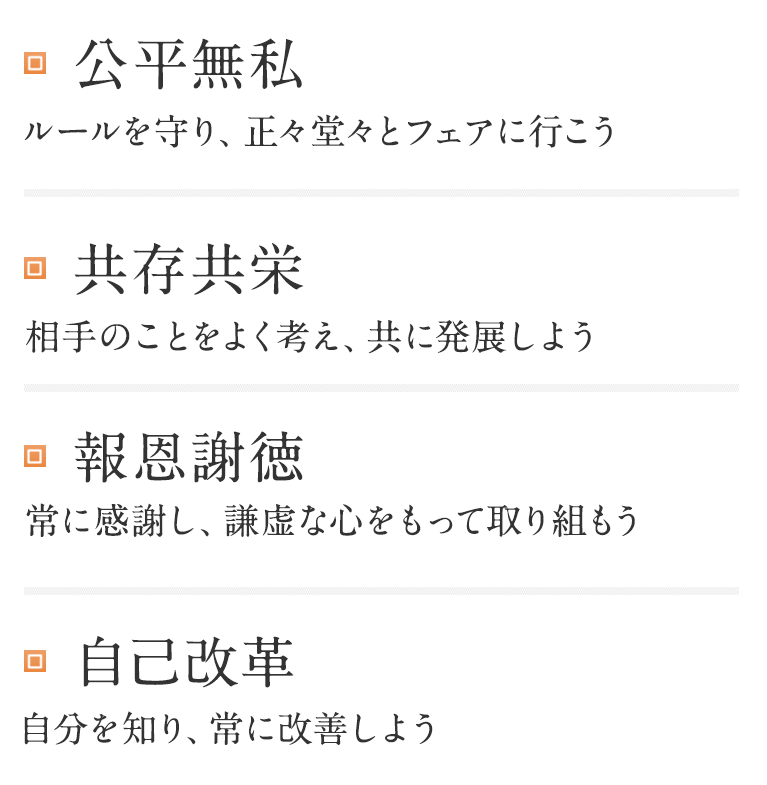 [行動指針]　公平無私ルールを守り、正々堂々とフェアに行こう　共存共栄　相手のことをよく考え、共に発展しよう　報恩謝徳　常に感謝し、謙虚な心をもって取り組もう　自己改革　自分を知り、常に改善しよう